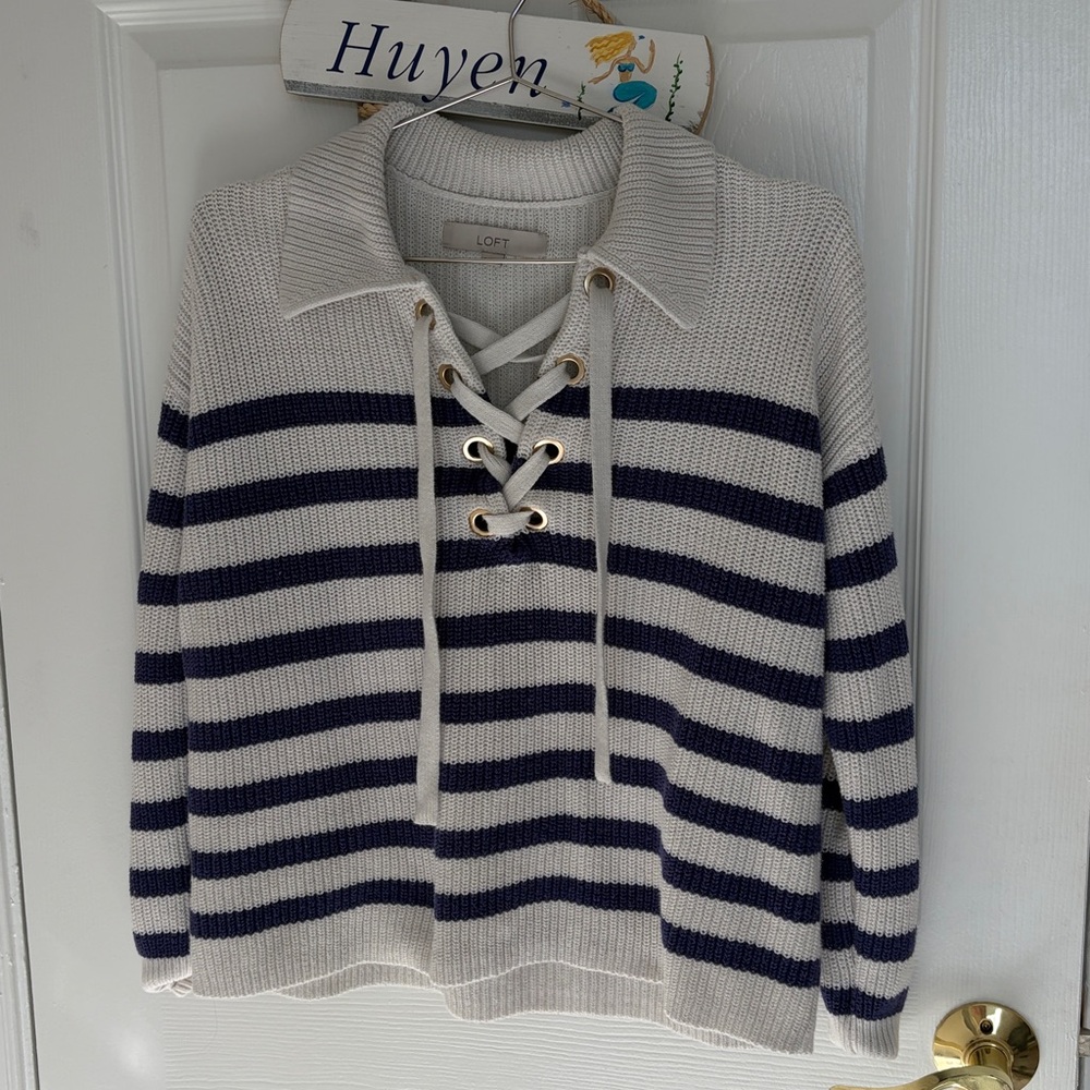 LOFT Beige and Navy Striped V-Neck Sweater